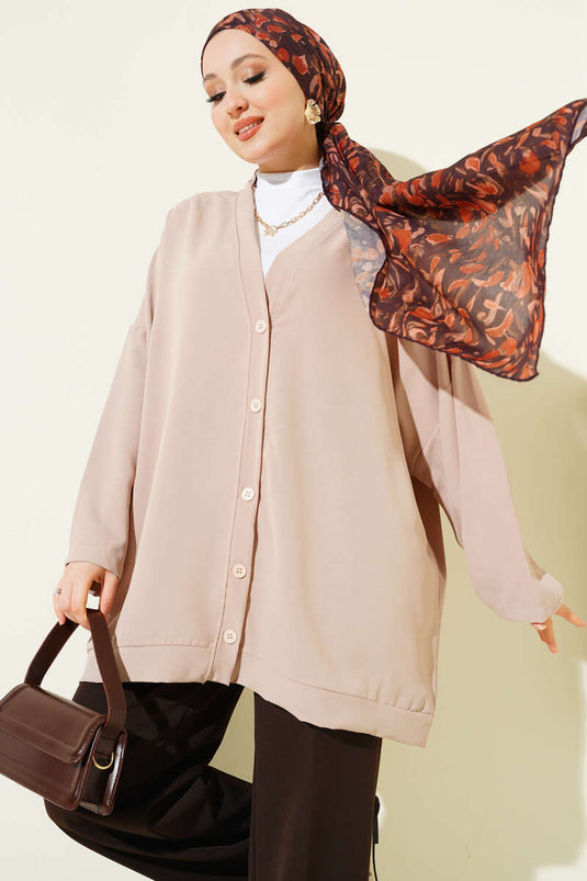 Basic Oversize Buttoned Cardigan Beige