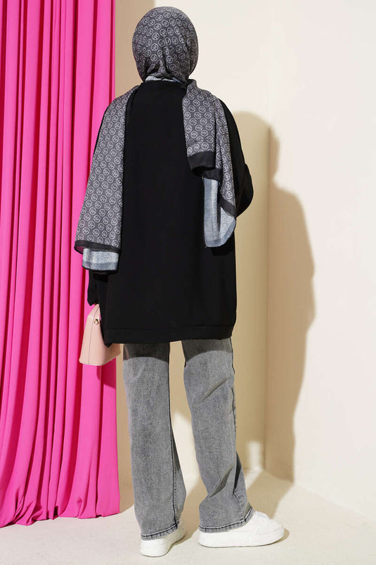 Basic Oversize Düğmeli Hırka Siyah