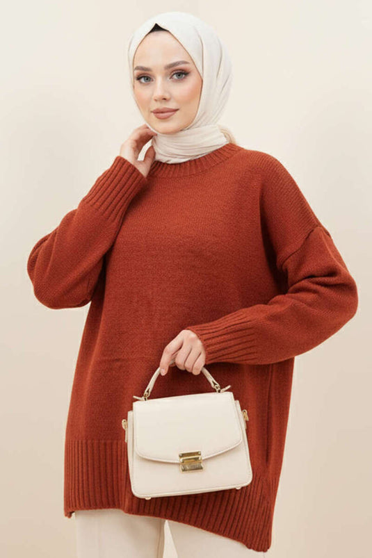 Basic Oversize Knitted Tunic in Terracotta