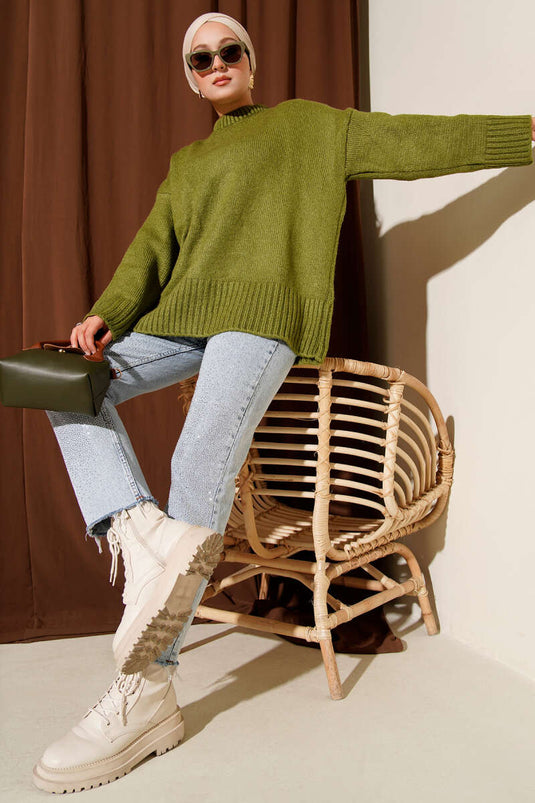 Basic Oversize Knit Tunic Oil Green