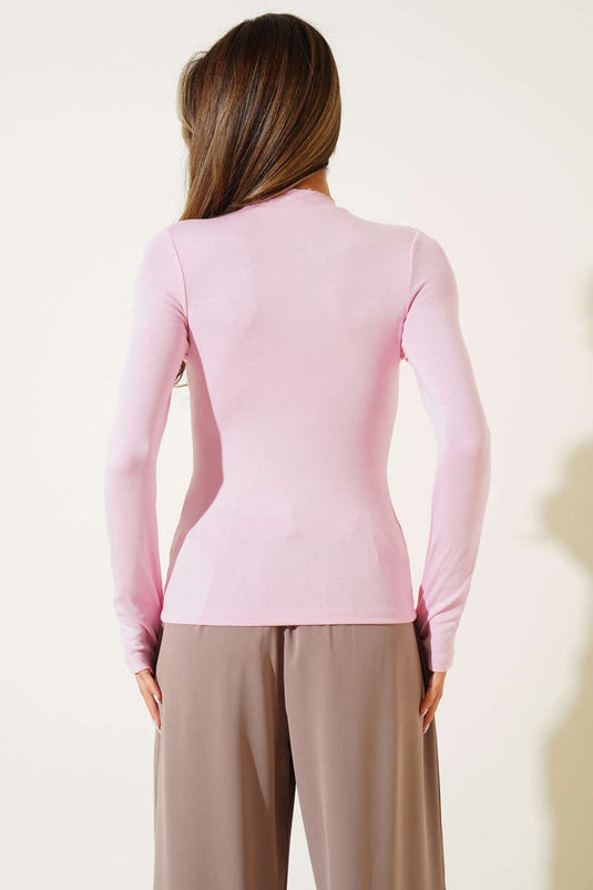 Basic Blouse with Finger Closure Detail, Pink