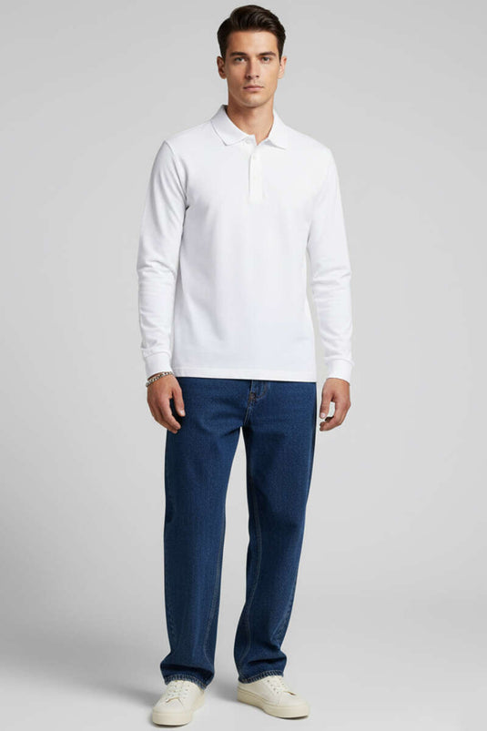 سويت شيرت أبيض بأكمام طويلة وياقة بولو