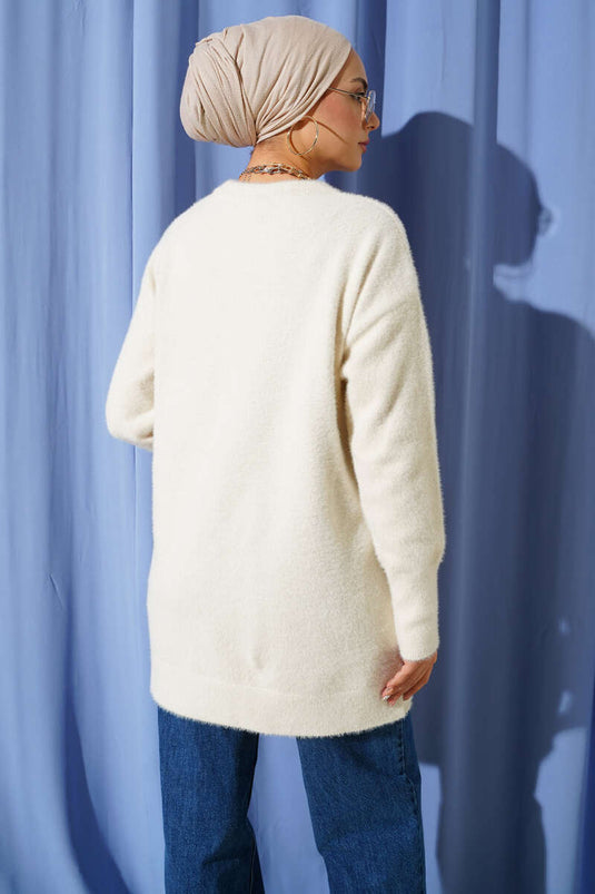 Basic Beige Knitted Tunic with Beard Pattern