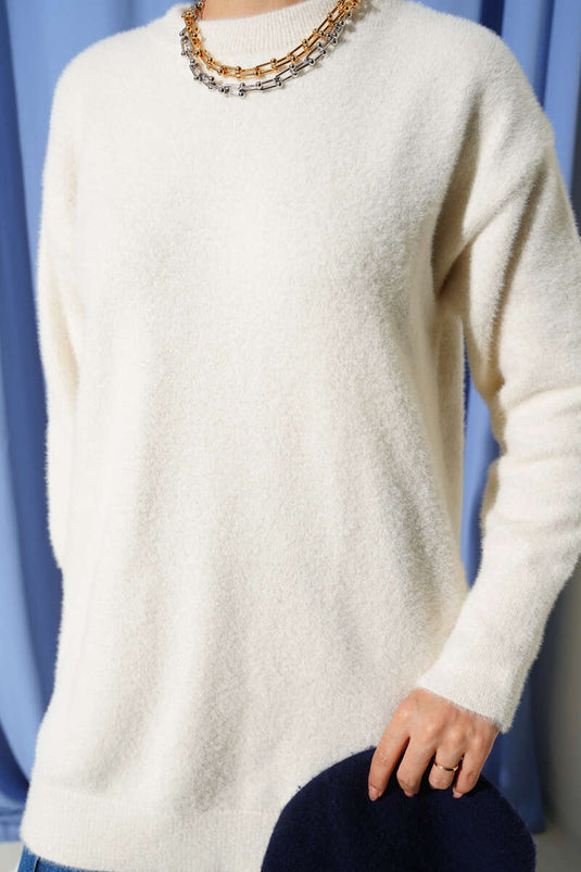 Basic Beige Knitted Tunic with Beard Pattern