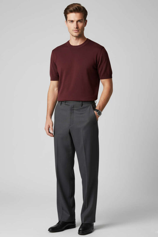 Basic Sıfır Yaka Erkek Triko T-shirt Bordo