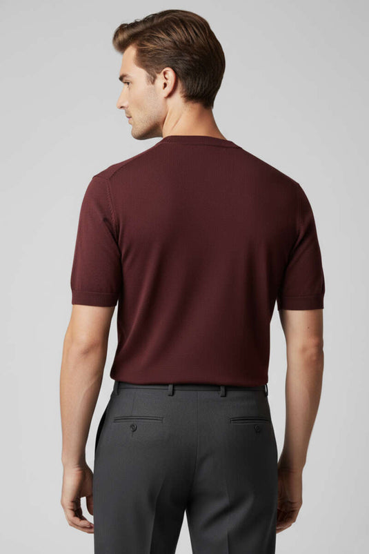 Basic Sıfır Yaka Erkek Triko T-shirt Bordo