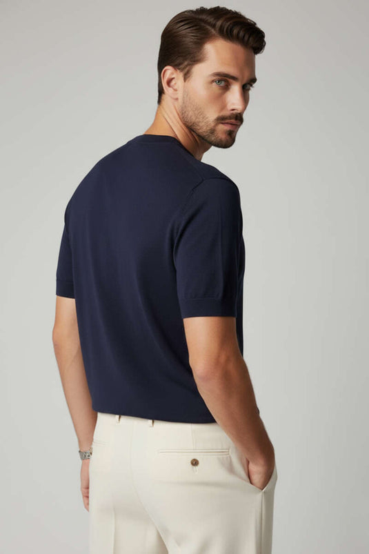 T-shirt tricot homme col rond basique bleu marine