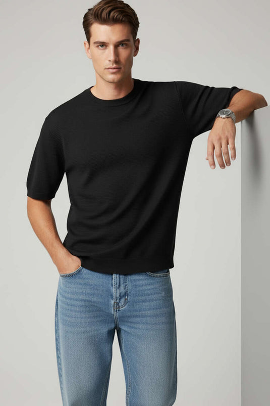 Basic Rundhals Herren Strick T-Shirt Schwarz