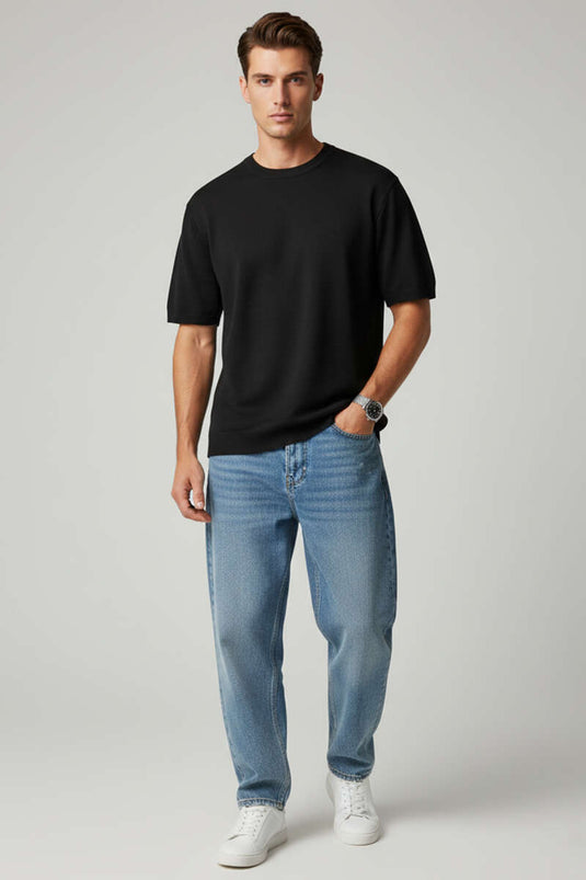 Basic Rundhals Herren Strick T-Shirt Schwarz