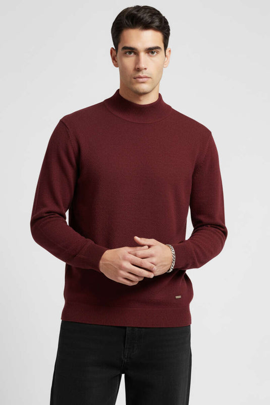 كنزة رجالية أساسية بياقة نصف عالية، لون عنابي