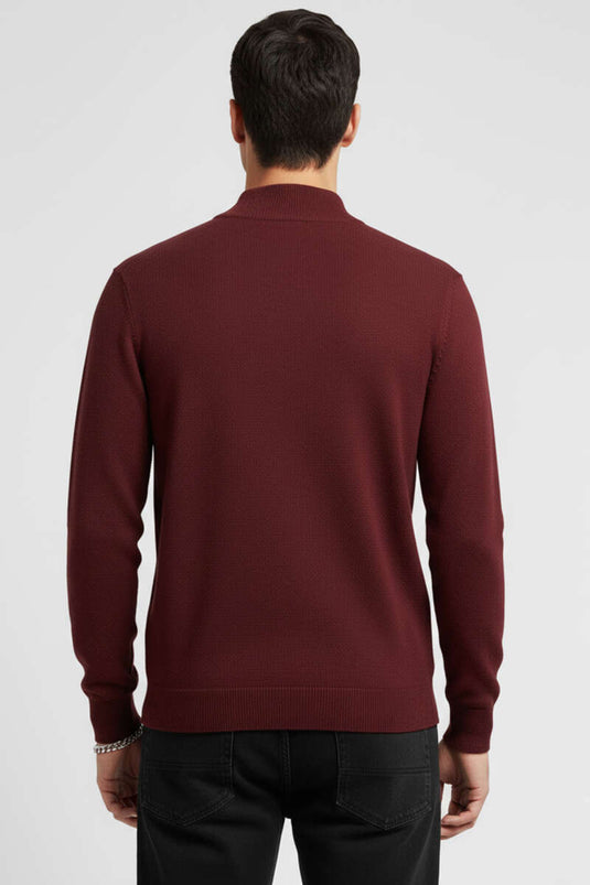 كنزة رجالية أساسية بياقة نصف عالية، لون عنابي