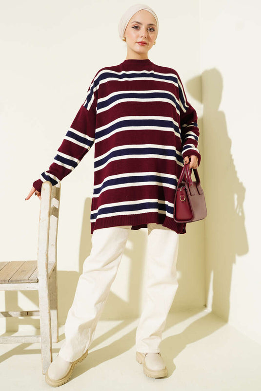 Basic Knitted Tunic with Horizontal Stripe Detail, Burgundy