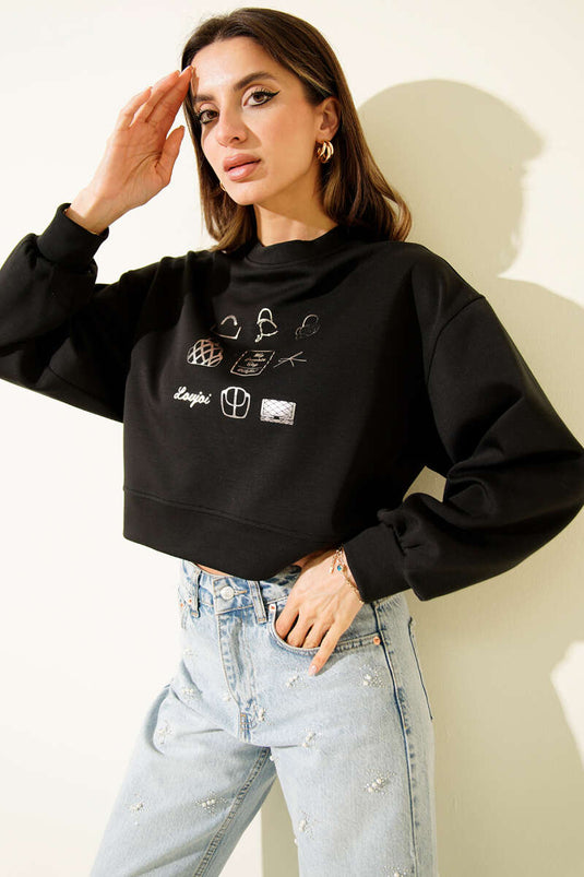 Printed Crew Neck Sweatshirt Black