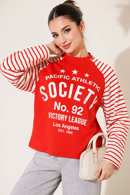 Baskılı Çizgi Detaylı Sweatshirt Kırmızı