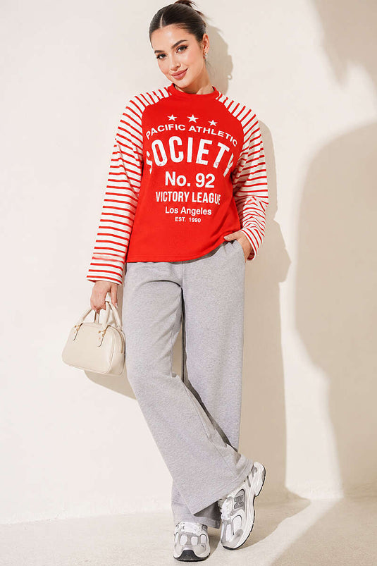 Baskılı Çizgi Detaylı Sweatshirt Kırmızı
