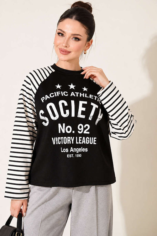 Baskılı Çizgi Detaylı Sweatshirt Siyah