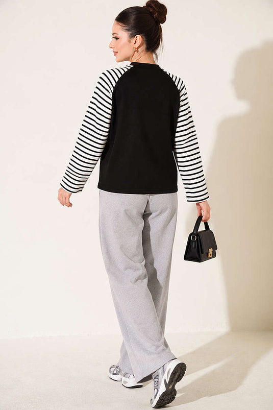 Baskılı Çizgi Detaylı Sweatshirt Siyah