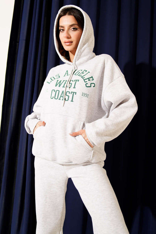 Printed Hooded Three-Thread Sweatshirt Two-Piece Set Melange Grey