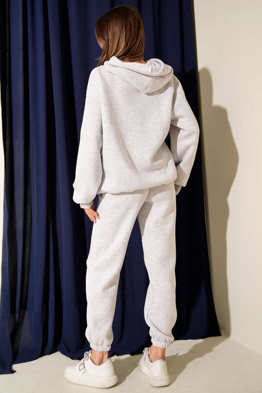 Printed Hooded Three-Thread Sweatshirt Two-Piece Set Melange Grey