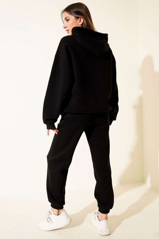 Printed Hooded Three-Thread Sweatshirt Two-Piece Set Black
