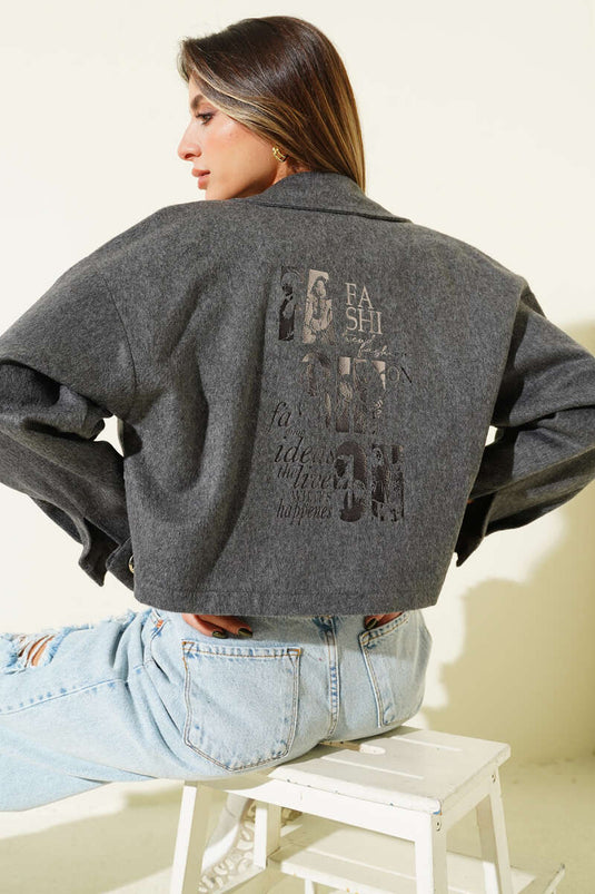 جاكيت قصير من الكشمير المطبوع، رمادي دخاني