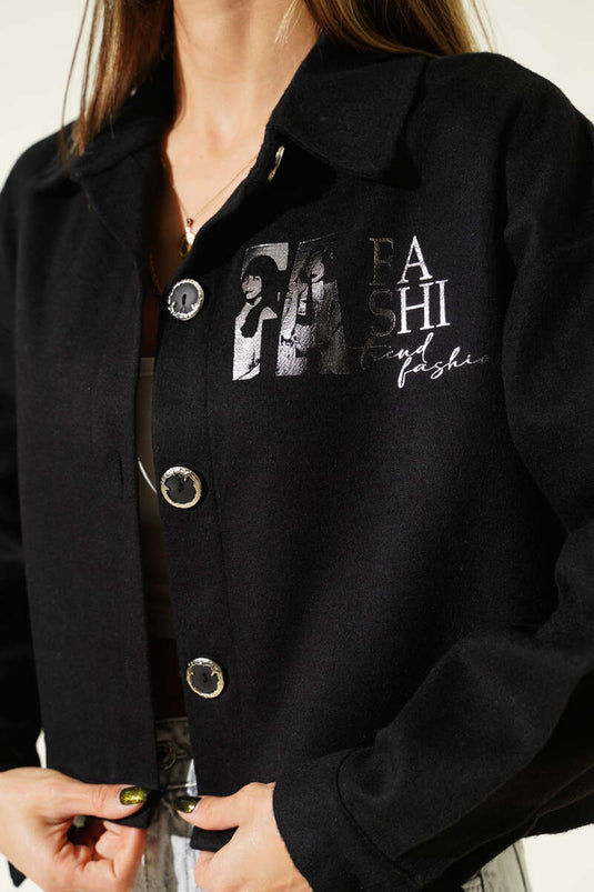 Baskılı Kısa Kaşe Ceket Siyah