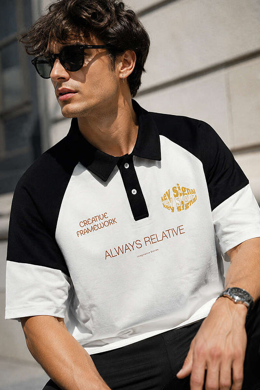 Baskılı Polo Yaka Oversize Erkek T-shirt Beyaz
