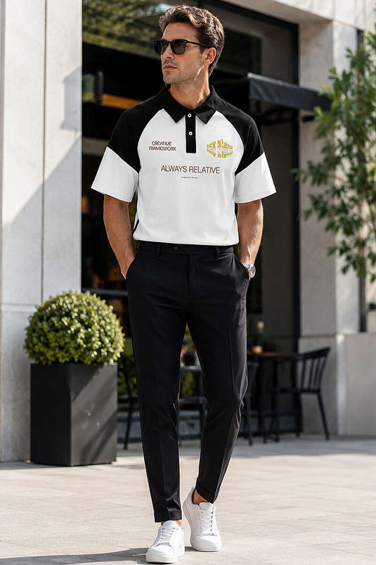 Baskılı Polo Yaka Oversize Erkek T-shirt Beyaz