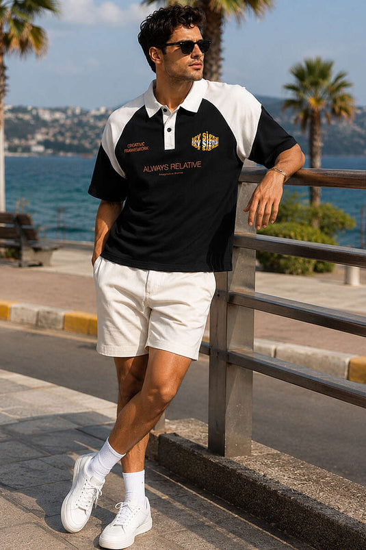 Baskılı Polo Yaka Oversize Erkek T-shirt Siyah