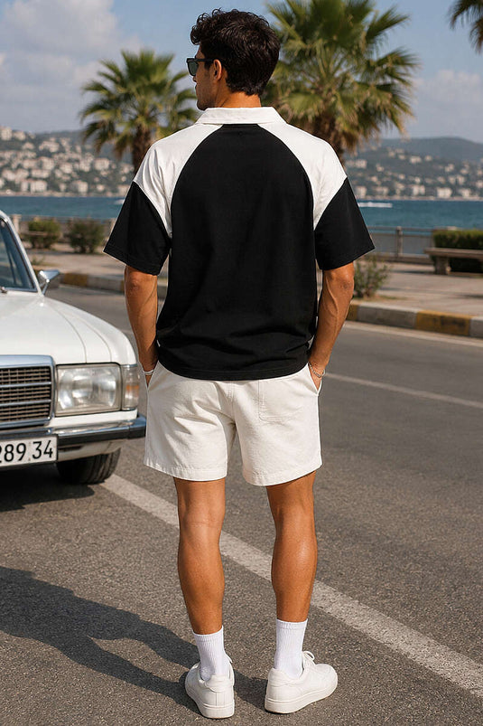 Baskılı Polo Yaka Oversize Erkek T-shirt Siyah