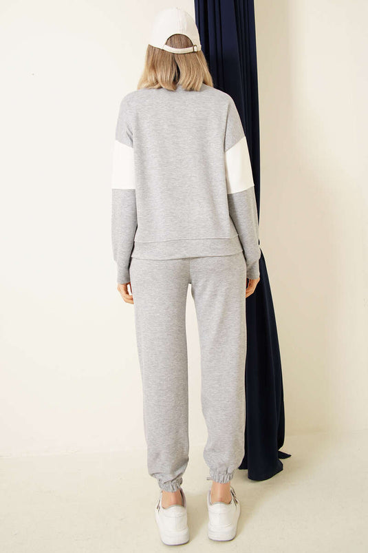 Baskılı Yaka Fermuarlı Sweat İkili Takım Gri