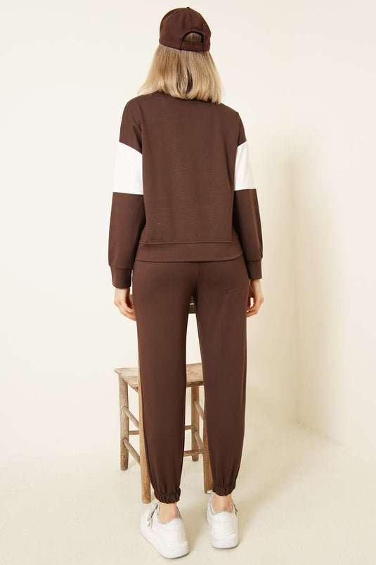 Baskılı Yaka Fermuarlı Sweat İkili Takım Kahve