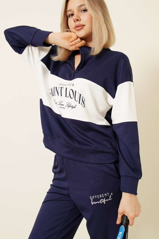 Baskılı Yaka Fermuarlı Sweat İkili Takım Lacivert