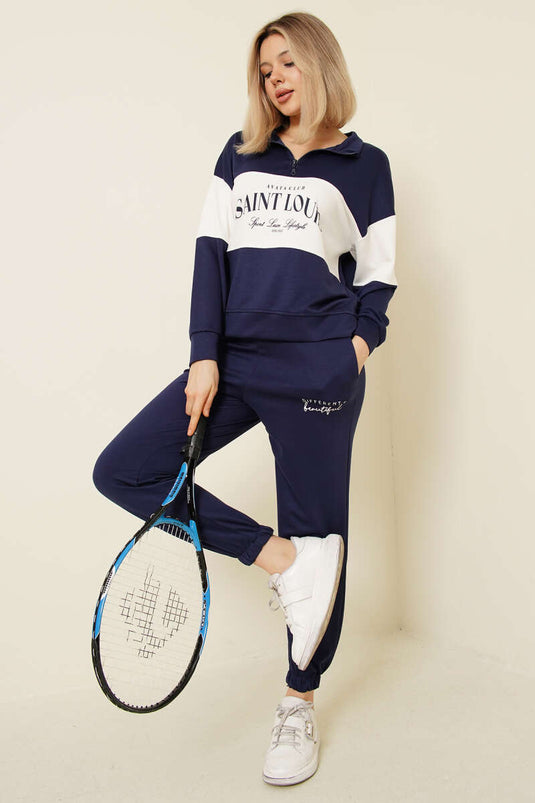 Baskılı Yaka Fermuarlı Sweat İkili Takım Lacivert