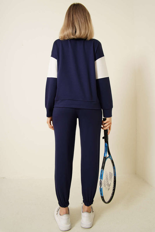 Baskılı Yaka Fermuarlı Sweat İkili Takım Lacivert