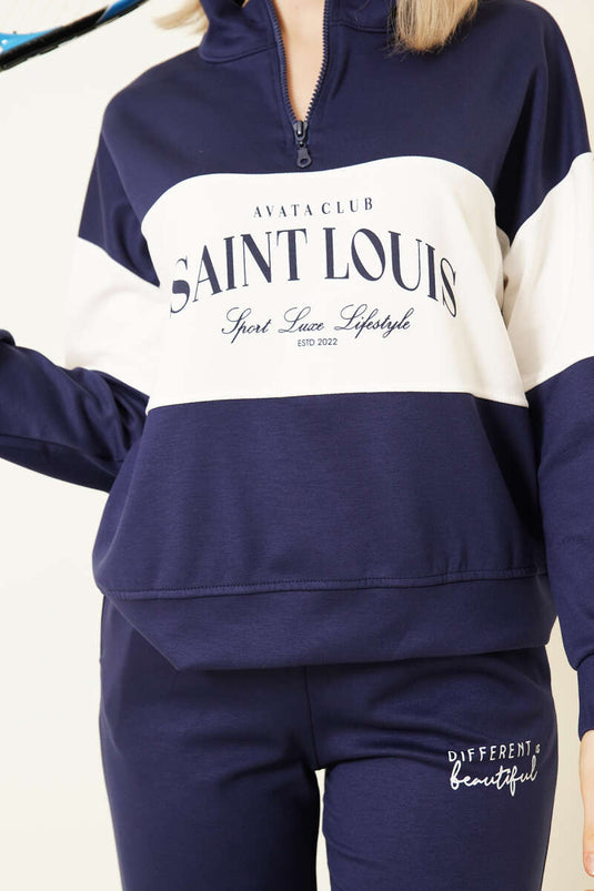 Baskılı Yaka Fermuarlı Sweat İkili Takım Lacivert