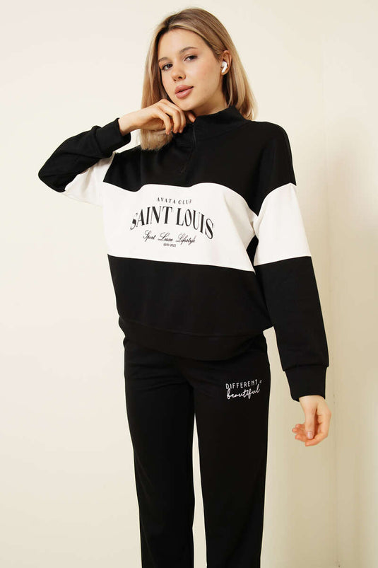 Baskılı Yaka Fermuarlı Sweat İkili Takım Siyah