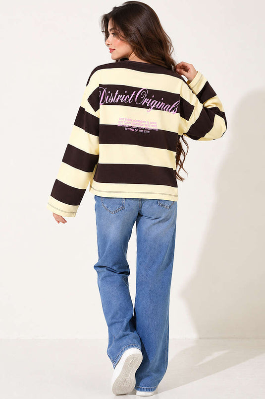 Baskılı Yatay Kalın Çizgili Sweatshirt Kahve