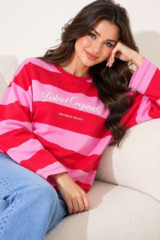 Baskılı Yatay Kalın Çizgili Sweatshirt Kırmızı