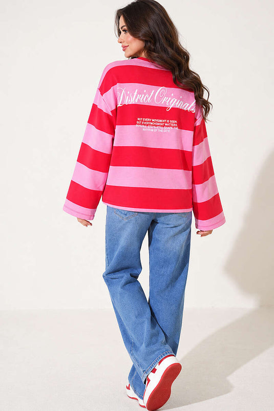 Baskılı Yatay Kalın Çizgili Sweatshirt Kırmızı
