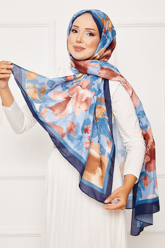 شال حجاب بنقشة زهور الباتيك أزرق داكن