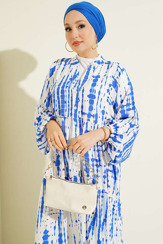 Batik Desen Hakim Yaka Elbise Saks
