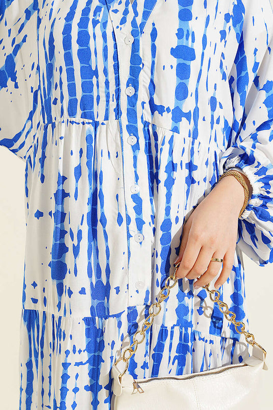 Batik Desen Hakim Yaka Elbise Saks
