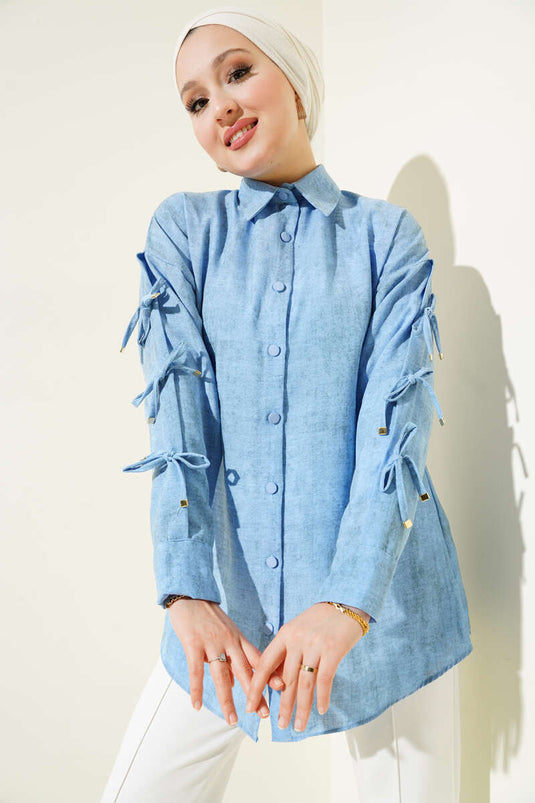 Batik Pattern Sleeve Bow Shirt Blue