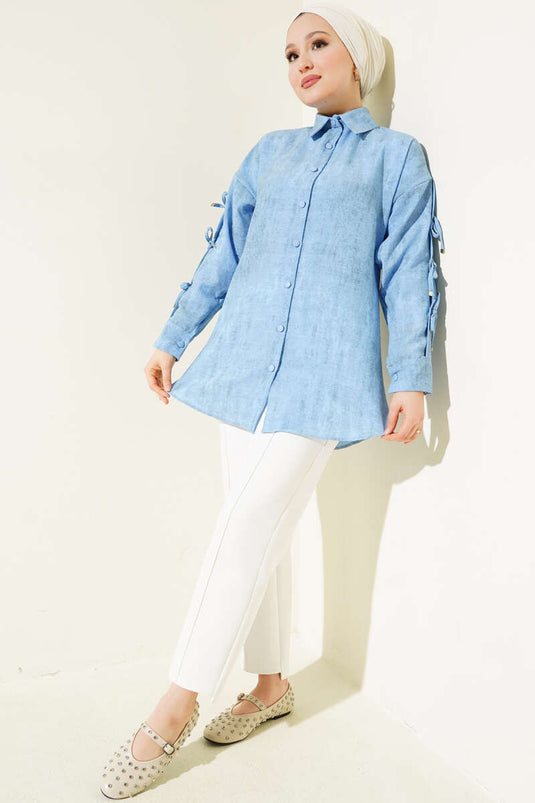 Batik Pattern Sleeve Bow Shirt Blue