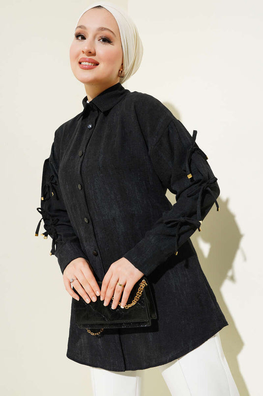 Batik Pattern Sleeve Bow Shirt Black