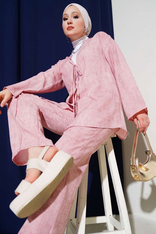 Batik Pattern Laced Front Two Piece Set Powder