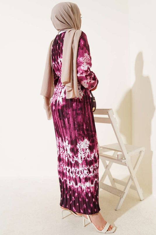 Batik Pattern Pleated Belted Dress Burgundy