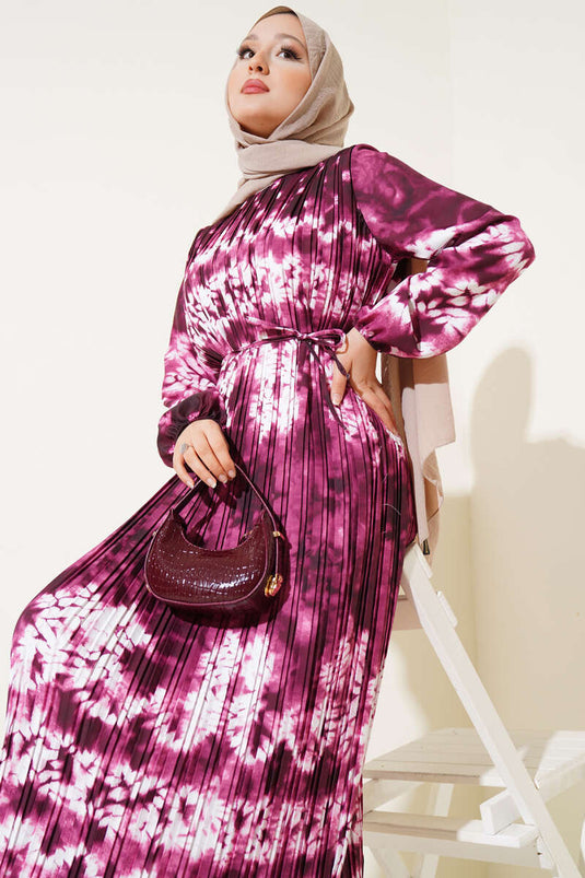 Batik Pattern Pleated Belted Dress Burgundy