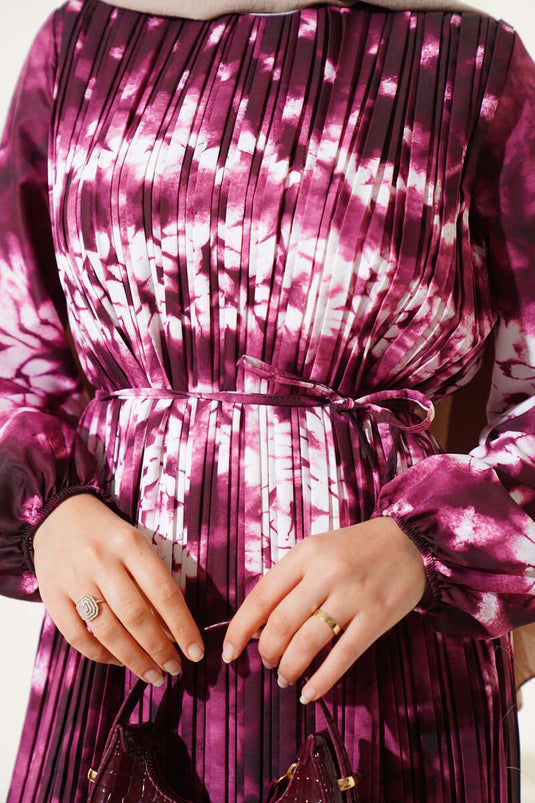 Batik Pattern Pleated Belted Dress Burgundy